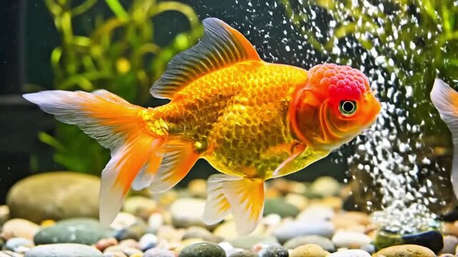 Oranda Goldfish Swimming in Aquarium Tank Domestic Pet Fish