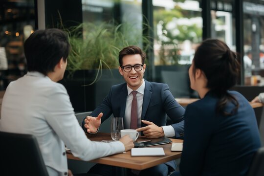 Confident Young Businessman in Glasses Leads Discussion with Colleagues at Modern Outdoor Cafe. Meeting and negotiation concept for corporate lifestyle, mentorship, or client relations imagery.