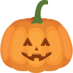 A digitally rendered orange pumpkin with a carved jack-o-lantern face and a green stem isolated on a transparent background celebrating Halloween season