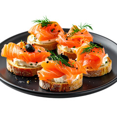 Elegant cured salmon canapés on a dark plate, a sophisticated gourmet appetizer for special occasions, topped with dill and crème fraîche
