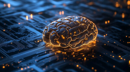 Digital brain with flowing encrypted data streams, symbolizing artificial intelligence, cybersecurity, information processing, innovation, and advanced technology systems.
