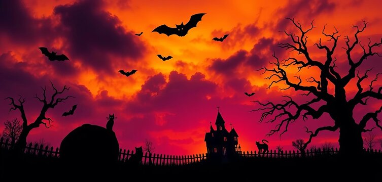 Dark Halloween spooky silhouettes against a vibrant orange and purple sky, featuring bats, cats, haunted house, and gnarled trees,  fall,  poster