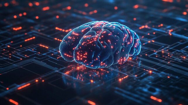 Digital brain with flowing encrypted data streams, symbolizing artificial intelligence, cybersecurity, information processing, innovation, and advanced technology systems.
