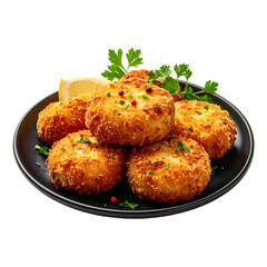 Golden brown fish croquettes on a dark plate, a delicious and crispy seafood appetizer or main course, served with a wedge of lemon and dipping sauce