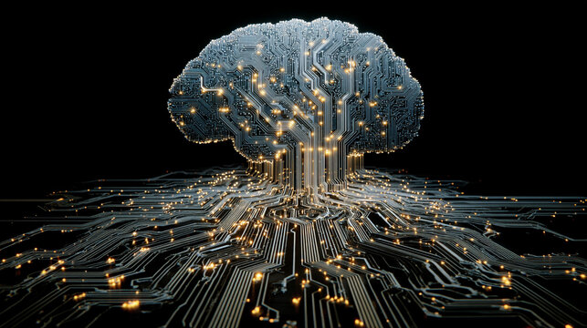 Digital brain with flowing encrypted data streams, symbolizing artificial intelligence, cybersecurity, information processing, innovation, and advanced technology systems.
