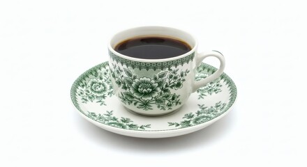 Fototapeta premium Green Floral Cup Fresh Black Coffee on White Background with Morning Ritual.