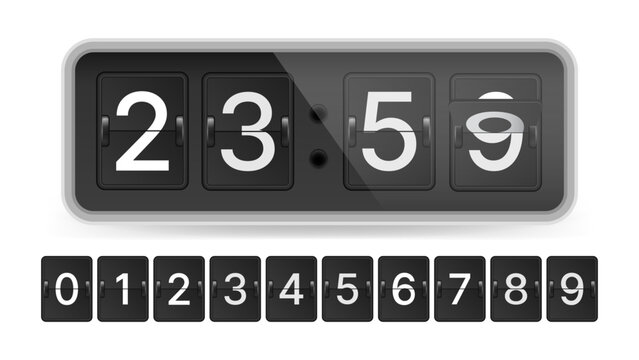 Realistic Digital Flip Clock Vector &ndash; Black Flap Scoreboard Style Time Display with Rotating Number Panels