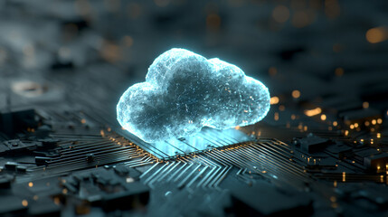 Digital cloud hovering above circuit board futuristic technology concept representing cloud computing data flow virtual infrastructure glowing elements and abstract tech visualization