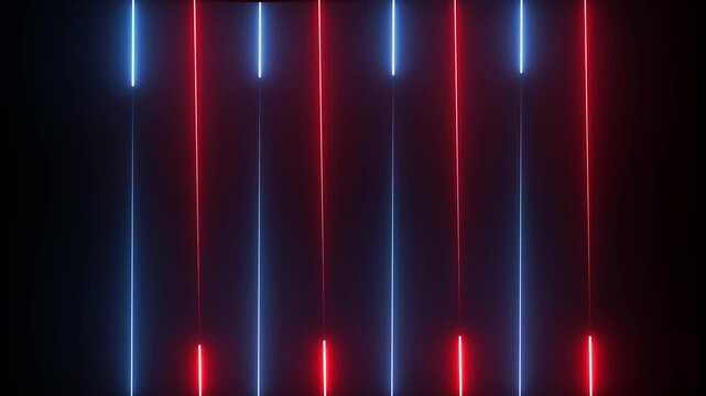 Seamless abstract animation of alternating vertical neon lines in vibrant red and electric blue colors, creating a futuristic digital background with a rhythmic pulsing glow and a dark, energetic aest