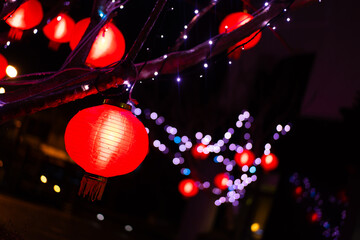 Chinese red lanterns at night during the New Year festival