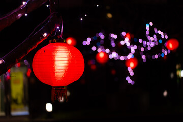 Chinese red lanterns at night during the New Year festival