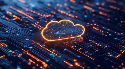 Digital cloud hovering above circuit board futuristic technology concept representing cloud computing data flow virtual infrastructure glowing elements and abstract tech visualization