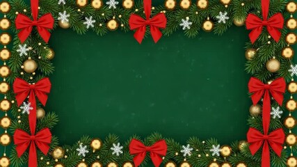 Christmas garland with red bows and gold ornaments on green background - Powered by Adobe