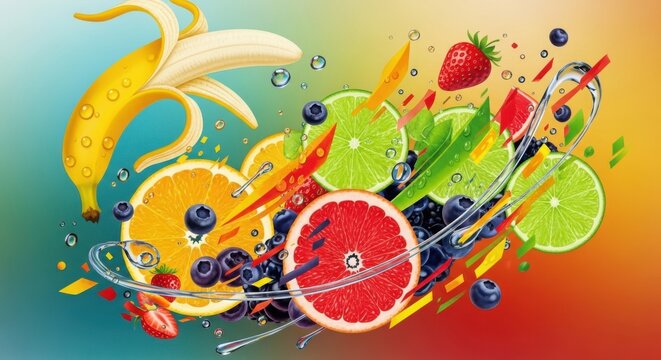 Vibrant splash of fresh citrus fruits and berries in motion
