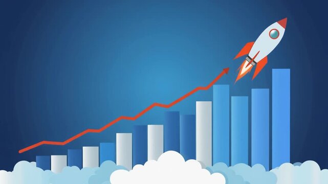 Rising Business Bar Graph Chart with Rocket Launch, Financial Growth and Success Infographic Animation