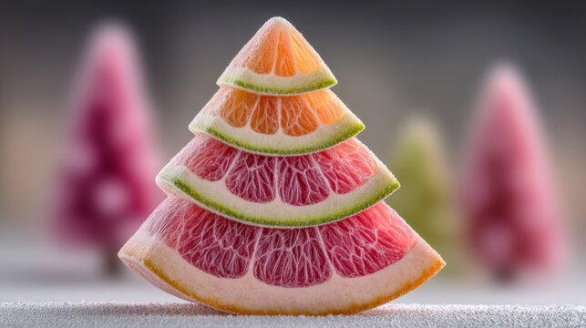 Christmas tree made of citrus slices, festive and fresh, representing healthy holiday celebration, with a blurred background.