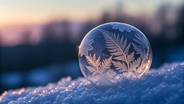 A frozen soap bubble lies on the snow, illuminated by the soft light of the setting sun, with delicate ice crystals forming intricate patterns on its surface - Powered by Adobe