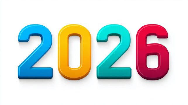 Colorful 2026 numbers, bold and vibrant, new year and future, white background