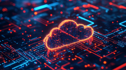 Digital cloud hovering above circuit board futuristic technology concept representing cloud computing data flow virtual infrastructure glowing elements and abstract tech visualization