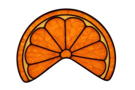 Stained glass orange slice decor element with translucent texture, creative citrus fruit art on transparent background