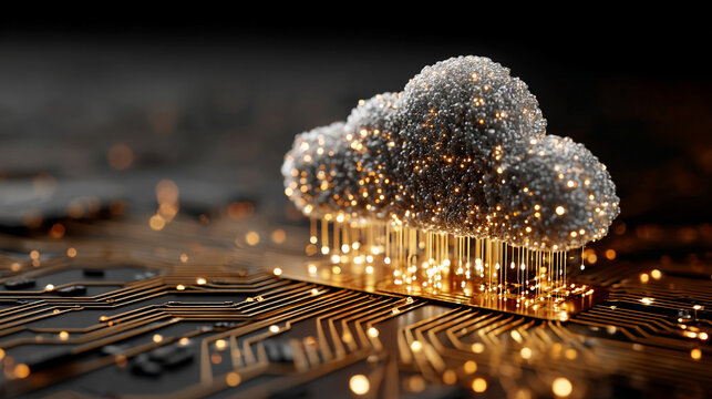 Digital cloud hovering above circuit board futuristic technology concept representing cloud computing data flow virtual infrastructure glowing elements and abstract tech visualization - Powered by Adobe