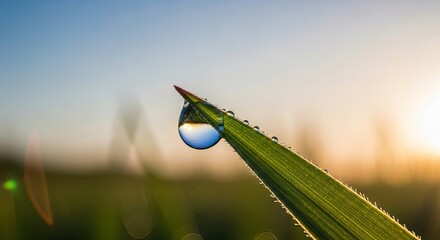 A dew drop on a grass blade at sunrise.