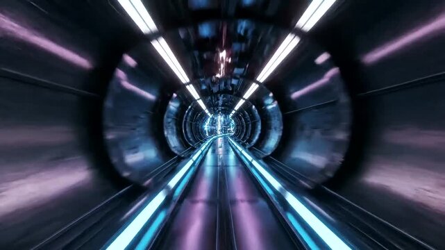 Blurred perspective through a high tech futuristic tunnel with lights