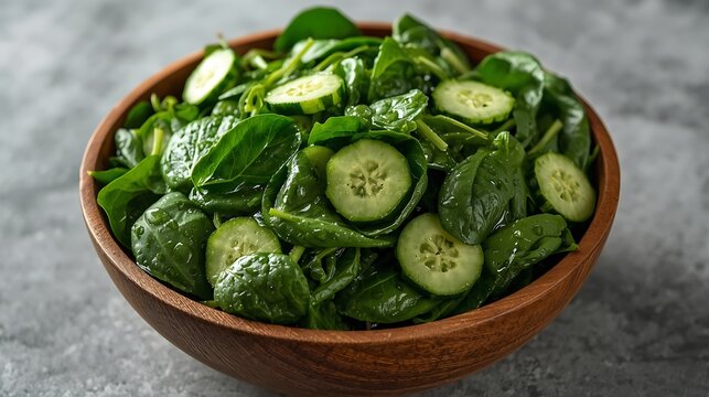 Fresh spinach and cucumber salad in a wooden bowl - Powered by Adobe