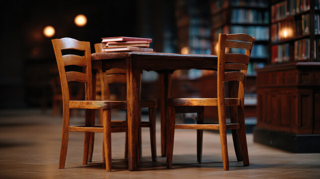 Wooden table chair stack book study library federal หhutdown warm lamp glow