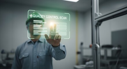 Factory Worker Performing Quality Control Scan with Holographic Display