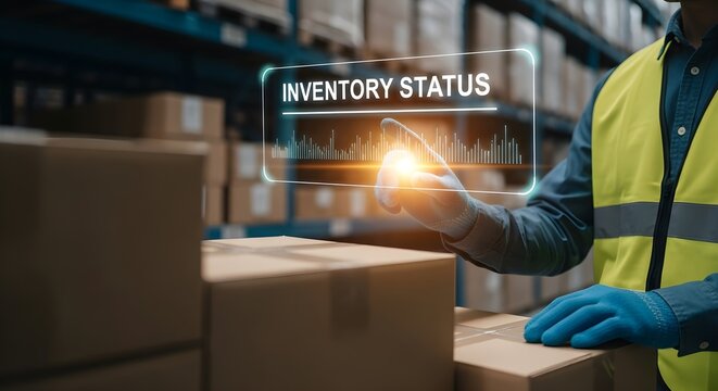 Warehouse Worker Checking Inventory Status on Virtual Screen - Powered by Adobe