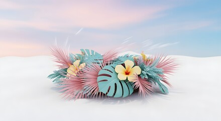 Pastel tropical flowers and leaves arranged on white sand under a soft sky, evoking a dreamy summer escape