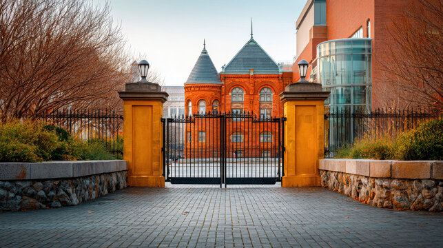 Federal historic brick building with gated entrance and autumn trees creating calm atmosphere หhutdown - Powered by Adobe