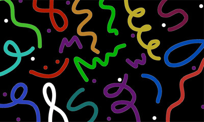 Vibrant abstract doodle pattern with colorful hand-drawn lines, loops, and squiggles on a black background. Playful modern design with glowing tones for creative digital art and decorative projects.