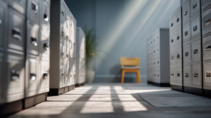 Federal hallway lockers sunlight chair plant calm