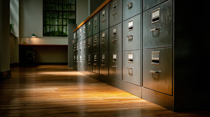Metal file cabinet row and wooden floor under warm light with calm federal หhutdown mood