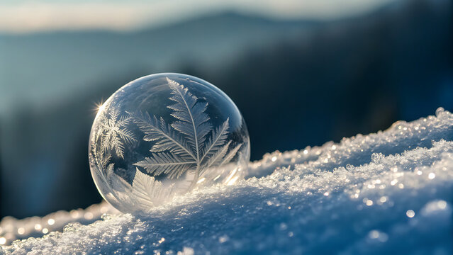 A closeup shot captures the delicate beauty of a frozen soap bubble resting on a snowcovered surface, with intricate ice crystals forming a leaflike pattern inside - Powered by Adobe