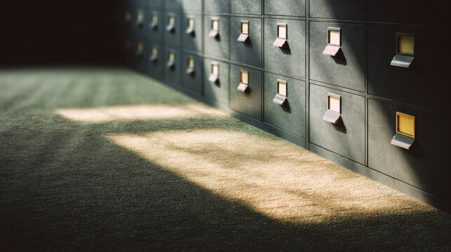 File cabinet drawer labels catch warm sunlight on textured carpet in quiet office hallway during federal หhutdown mood