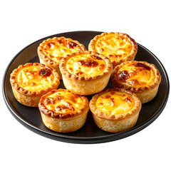 Fototapeta premium Golden brown mini cheese pies, a delicious and savory baked pastry appetizer, presented on a dark plate and beautifully isolated on white background