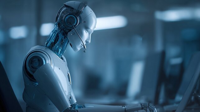 Futuristic robot customer service agent ai assistant working in call center concept