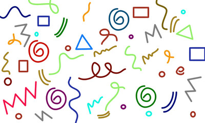 Playful abstract doodle pattern with colorful lines, spirals, and geometric shapes on a white background. Fun modern design with bright sketch-style elements for creative and artistic projects.