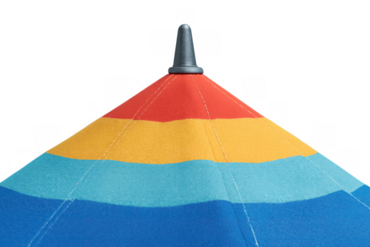 Rainbow beach umbrella top showing colorful stripes, summer vacation concept with vibrant multi-colored fabric on transparent background