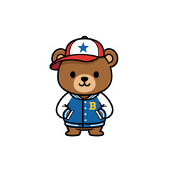Smiling cartoon vector illustration of a little bear with baseball cap and jacket