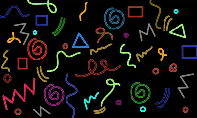 Vibrant abstract doodle pattern with colorful geometric shapes and wavy lines on a black background. Playful hand-drawn design with bright glowing tones for modern digital art and creative projects.
