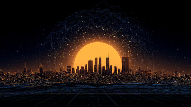 Digital sunrise illuminating futuristic geometric city abstract architecture glowing horizon modern urban skyline concept digital light and geometry futuristic cityscape illustration