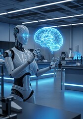 Humanoid robot discusses X-ray images glowing 3D brain hologram on a hospital computer in a modern office room with medical equipment