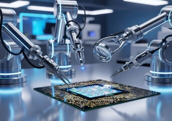 Robotic arms assembling iron is a metal tool used in technology to repair the computer circuit board in a science laboratory
