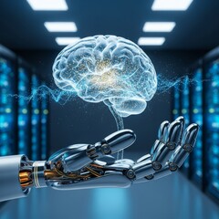 Digital connection of the human brain with technology, showing future concepts of science and data network communication