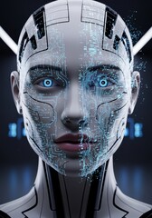 Human-like robot face with digital patterns forming on skin, clean sci-fi portrait