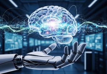 Close-up of robotic hand holding a transparent brain model with data particles global digital communication networks